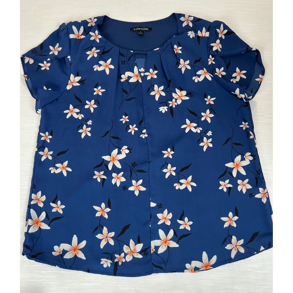 41 Hawthorn Blue Floral Keyhole Pleated Blouse Short Tulip Sleeve Top Large - Picture 1 of 12